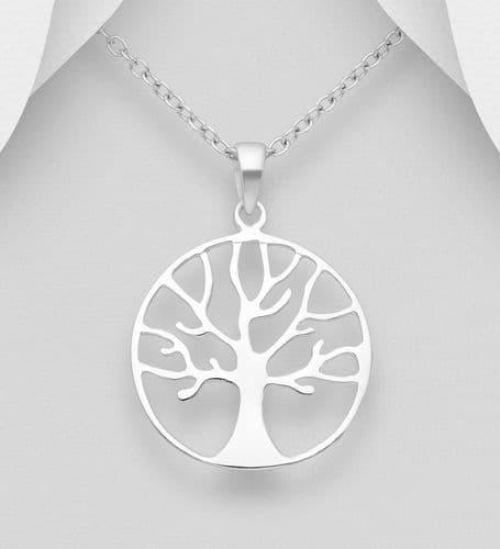 925 Sterling Silver Round Modern Tree Of Life Pendant & Chain