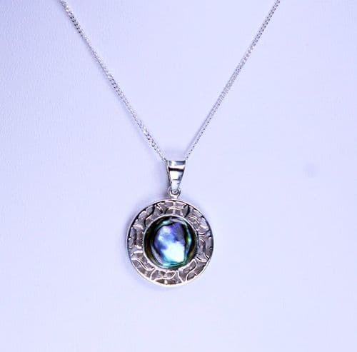 925 Sterling Silver, Round Pendant & Chain With a Filagree Edge Set with Abalone Shell