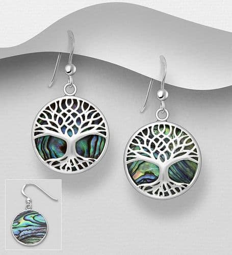 925 Sterling Silver Round Tree Of Life Hook/Drop Earrings with Abalone Shell