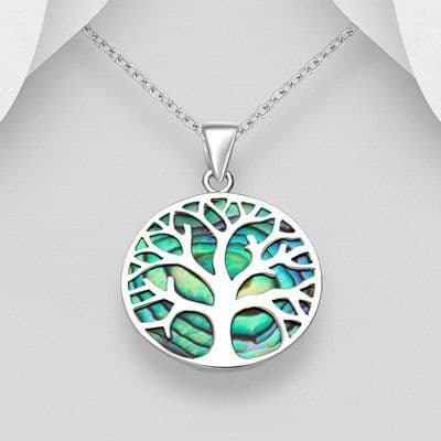 925 Sterling Silver Round Tree of Life Pendant & Chain Decorated with Abalone Shell