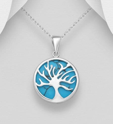 925 Sterling Silver Round Tree of Life Pendant & Chain Decorated With Turquoise Stone.