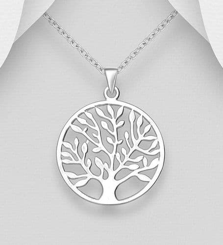 925 Sterling Silver Round Tree Of Life Pendant & Chain. The pendant features a polished finish,