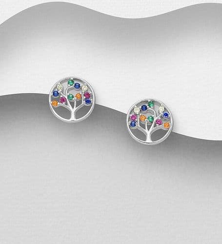 925 Sterling Silver Round Tree of Life Push-Back Earrings, Decorated with Colourful CZ Stones