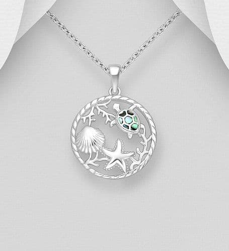 925 Sterling Silver Shell, Starfish Pendant & Chain and Turtle Decorated with Abalone Shell