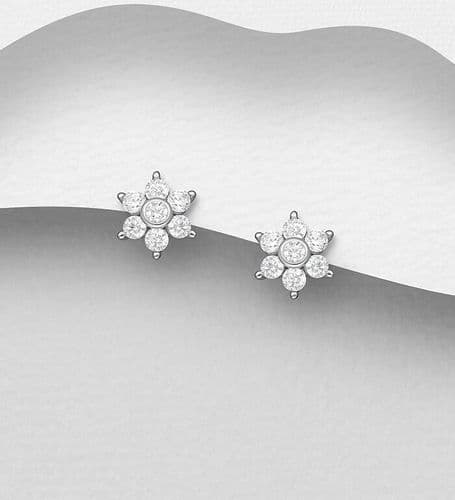 925 Sterling Silver Small Cute Flower Cluster Earrings, Set with CZ Simulated Diamonds