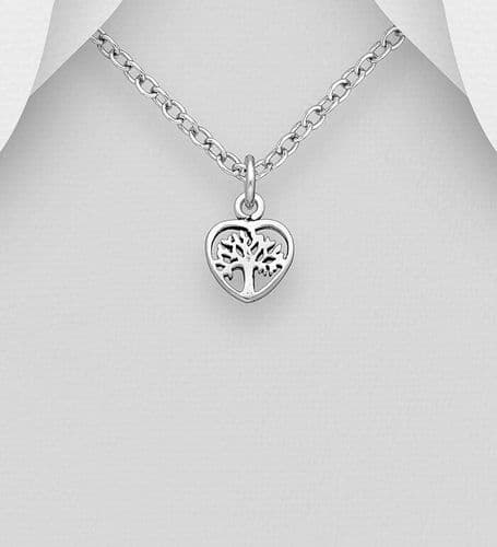 925 Sterling Silver Small Heart Tree Of Life Pendant & Chain