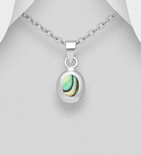 925 Sterling Silver Small Oval Pendant & Chain, Decorated with Abalone Shell or Mother of Peal