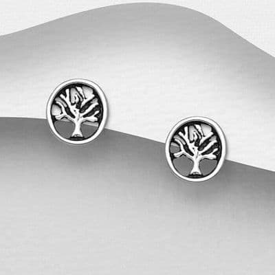 925 Sterling Silver Small Oval Shaped Tree of Life Stud Earrings