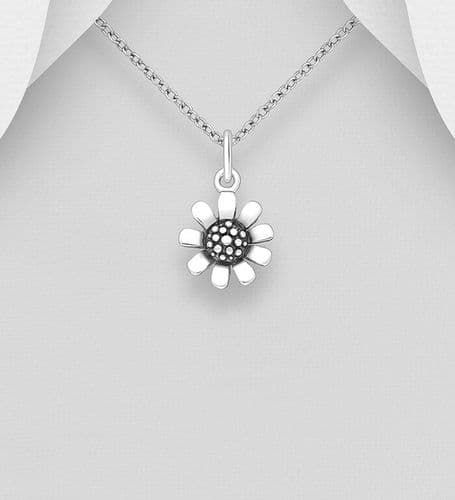 925 Sterling Silver Small Oxidized Flower Pendant & Chain