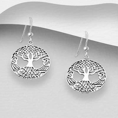 925 Sterling Silver Small Round Drop Tree of Life Earrings