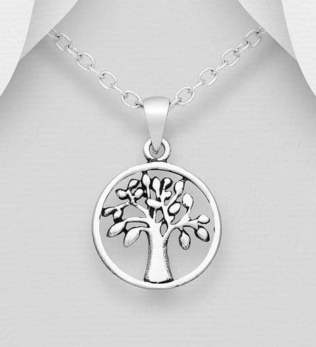 925 Sterling Silver Small Round Hand Crafted Tree Of Life Pendant & Chain