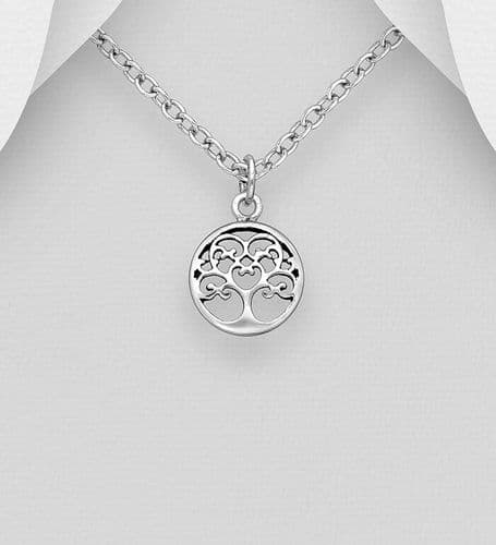 925 Sterling Silver Small Round Oxidized Tree Of Life Pendant & Chain