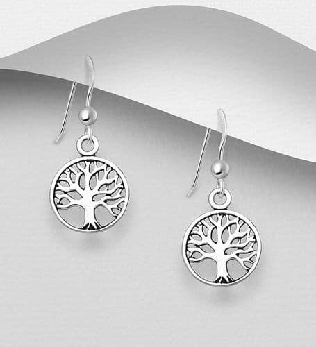 925 Sterling Silver Small Round Tree of Life Hook/Drop Earrings