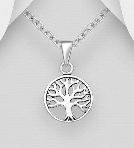 925 Sterling Silver Small Round Tree Of Life Pendant & Chain