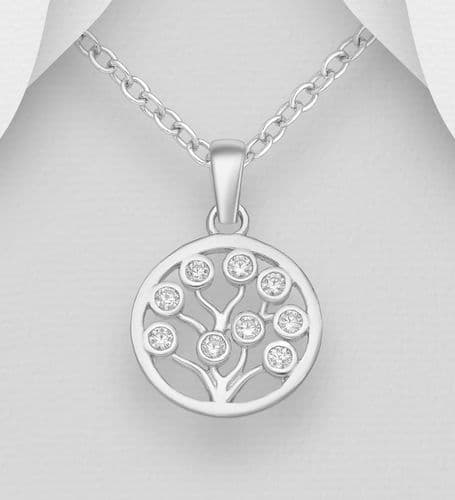 925 Sterling Silver Small Round Tree Of Life Pendant & Chain Set with Simulated Diamonds