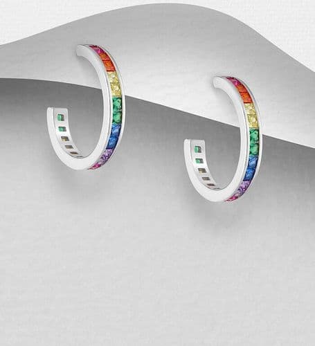 925 Sterling Silver Smaller Size Hoop Earrings, Adorned with Vibrant CZ Simulated Diamonds