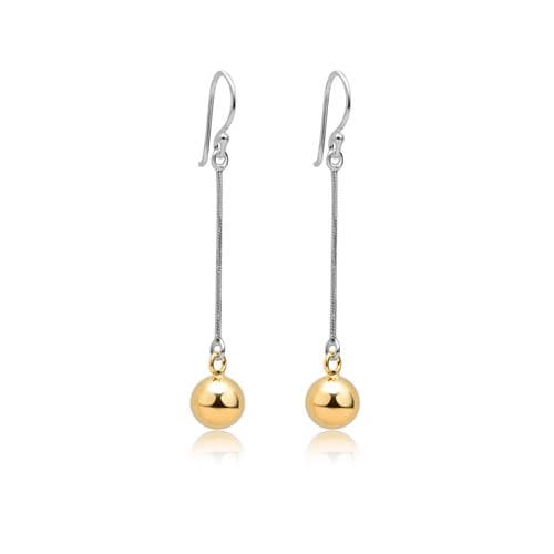 925 Sterling Silver Snake Chain & Ball Drop Earrings, With 18K Yellow Gold