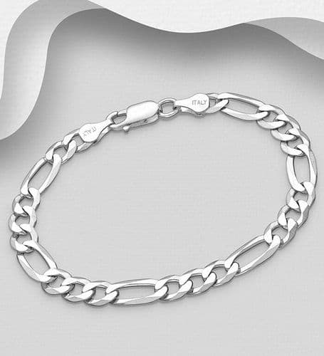 925 Sterling Silver Solid Figaro Chain Bracelet, 6.5 mm Wide, Made in Italy.