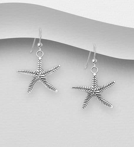 925 Sterling Silver Solid Oxidized Feathered Starfish Hook Drop Earrings Earrings