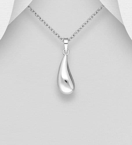 925 Sterling Silver Solid Plain Elegant Droplet Pendant & Chain