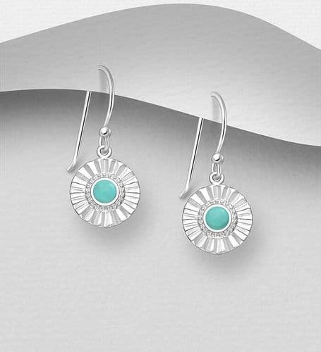 925 Sterling Silver Solid Round Crinkled Surround Hook/Drop Earrings, Decorated with Blue Resin