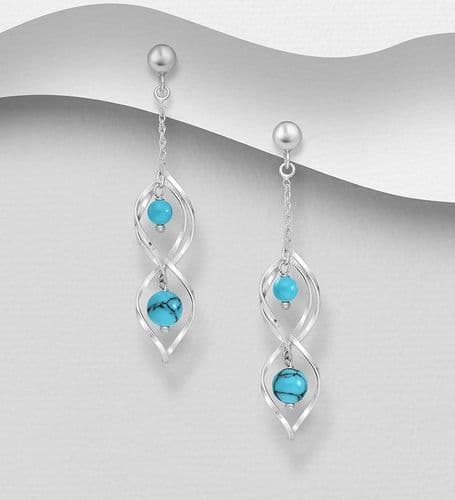 925 Sterling Silver Spiral Push-Back Earrings, Beaded with Turquoise Gemstones