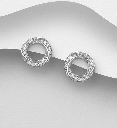 925 Sterling Silver Spiral Stud Earrings, Set with CZ Simulated Diamonds