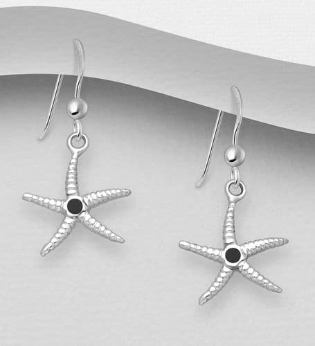 925 Sterling Silver Starfish Hook Drop Earrings, Decorated with A Blue Stone