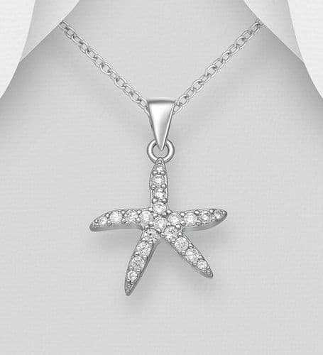 925 Sterling Silver Starfish Pendant & Chain, Decorated with CZ Simulated Diamonds