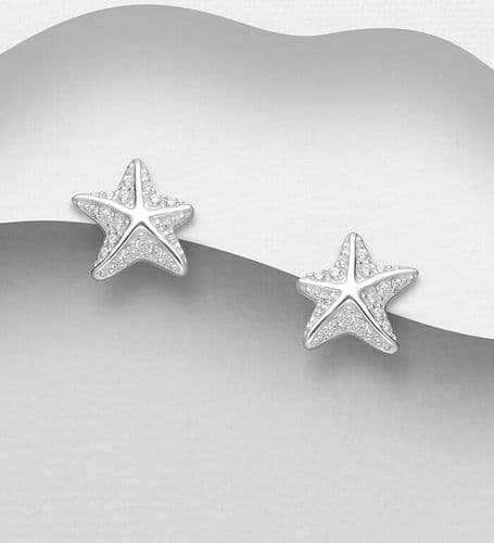 925 Sterling Silver Starfish Push-Back Earrings, Decorated with CZ Simulated Diamonds