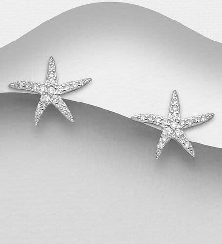 925 Sterling Silver Starfish Stud Earrings, Decorated with CZ Simulated Diamonds