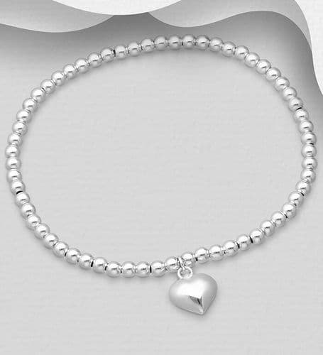 925 Sterling Silver Stretch Ball Beads Bracelet With Heart Charm