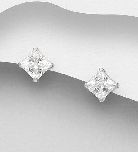 925 Sterling Silver Stud Earring Set With a 6 mm Square Simulated Diamond