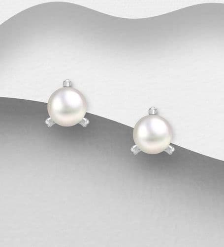 925 Sterling Silver Stud Earrings, Decorated with 6mm Freshwater Pearls and CZ Simulated Diamonds