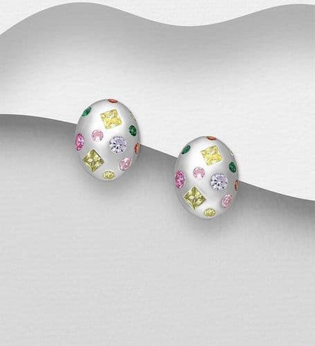 925 Sterling Silver Stud Earrings Hand-Set with Colourful Simulated Gemstones - Exclusive