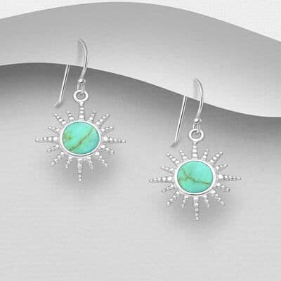 925 Sterling Silver Sun Hook Earrings, Decorated with Reconstructed Turquoise Stone