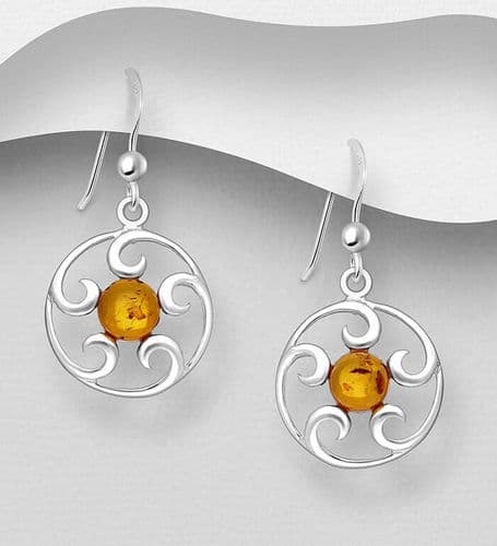 925 Sterling Silver Swirl Hook/Drop Earrings, Decorated with Baltic Amber