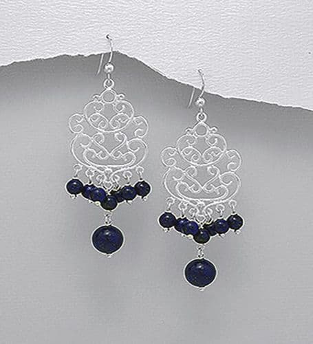 925 Sterling Silver Swirl Hook Earrings, Beaded with Lapis Lazuli Gemstones