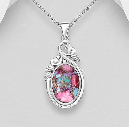 925 Sterling Silver Swirl Pendant/Chain, Decorated with  Reconstructed Copper Turquoise