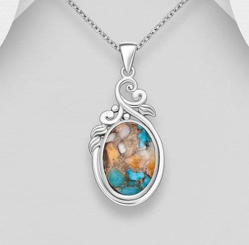 925 Sterling Silver Swirl Pendant & Chain with Reconstructed Oyster Copper Turquoise Accent