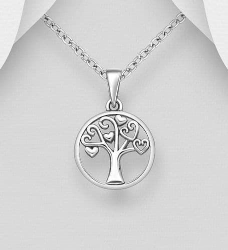 925 Sterling Silver Swirl Tree Of Life and Heart Pendant & Chain