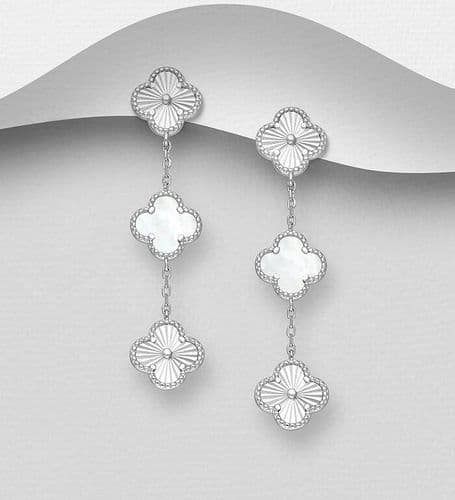 925 Sterling Silver Textured Clover Push-Back Earrings with Shell Embellishment