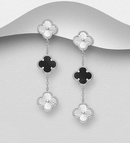 925 Sterling Silver Textured Clover Push-Back/Stud drop Earrings, Decorated with Black Resin