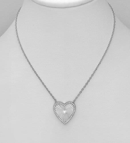925 Sterling Silver Textured Heart Necklace, Decorated with CZ Simulated Diamonds- 41.9 - 44.4 cm