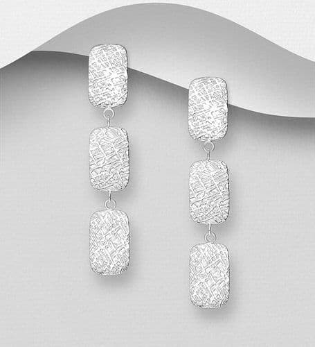 925 Sterling Silver Three Oblong Discs Hand Crafted Finished Push-Back/Drop Earrings