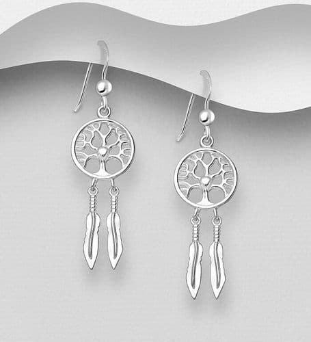 925 Sterling Silver Tree of Life Dream Catcher Hook/Drop Earrings