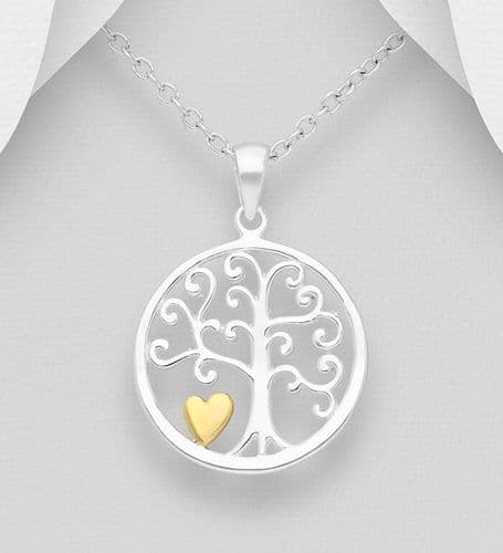 925 Sterling Silver Tree of Life/Heart Pendant & Chain, Heart Plated with 18K Yellow Gold