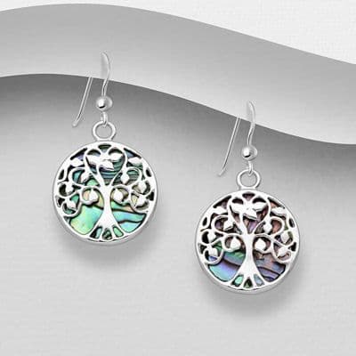 925 Sterling Silver Tree Of Life Hook Drop Earrings Decorated With Abalone Shell