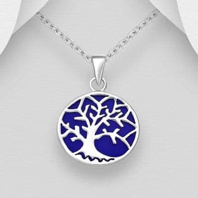 925 Sterling Silver Tree of Life Pendant and Chain Set With Blue Resin
