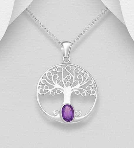 925 Sterling Silver Tree of Life Pendant & Chain, Decorated with a Amethyst Gemstone